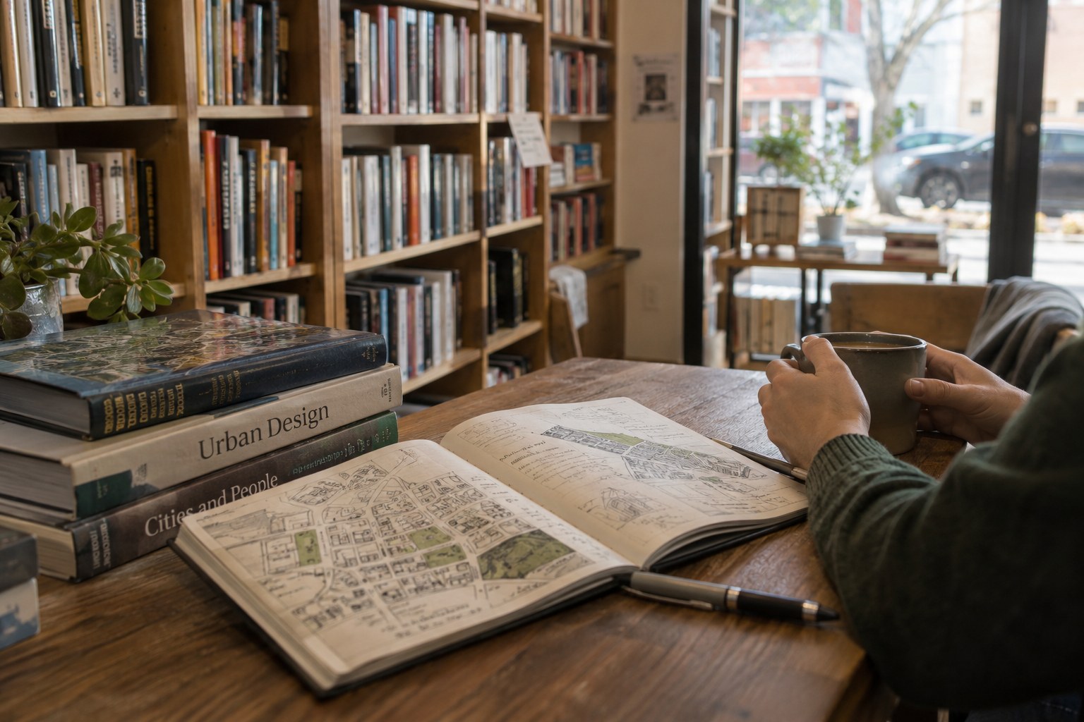 Ein aufgeschlagenes Buch und Notizen zur Stadtplanung liegen in einer Buchhandlung.