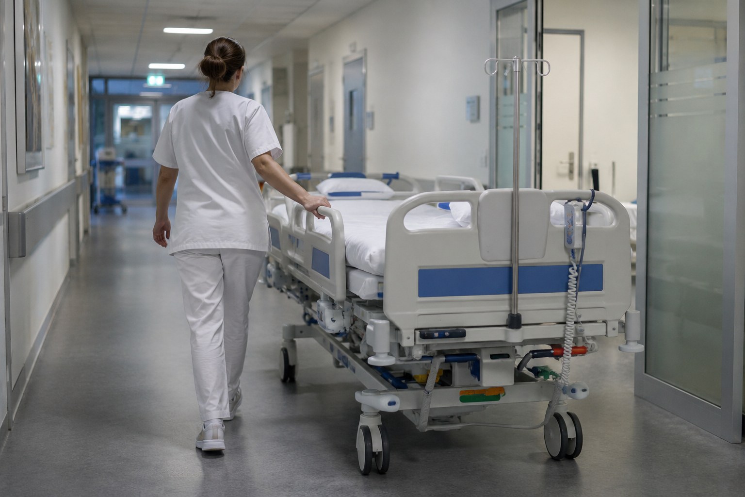 Eine Pflegekraft begleitet ein Krankenhausbett durch einen Flur.