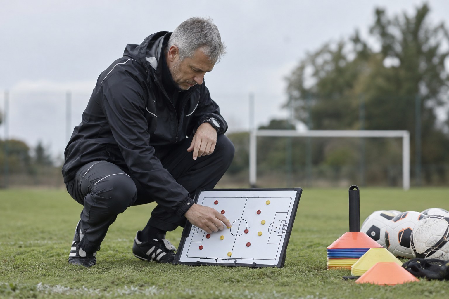Ein Trainer verschiebt Markierungen auf einer Taktiktafel.