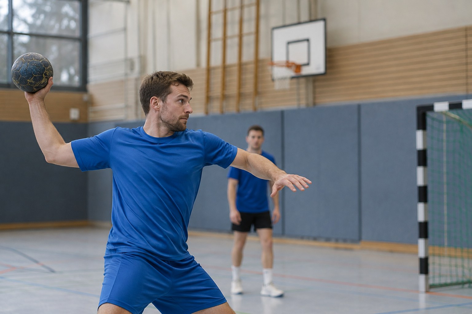 Ein Handballspieler bereitet in einer Sporthalle einen Wurf vor.