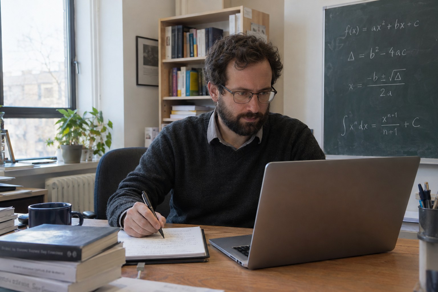 Ein Mathematiker arbeitet mit Notizbuch und Laptop vor einer Tafel.