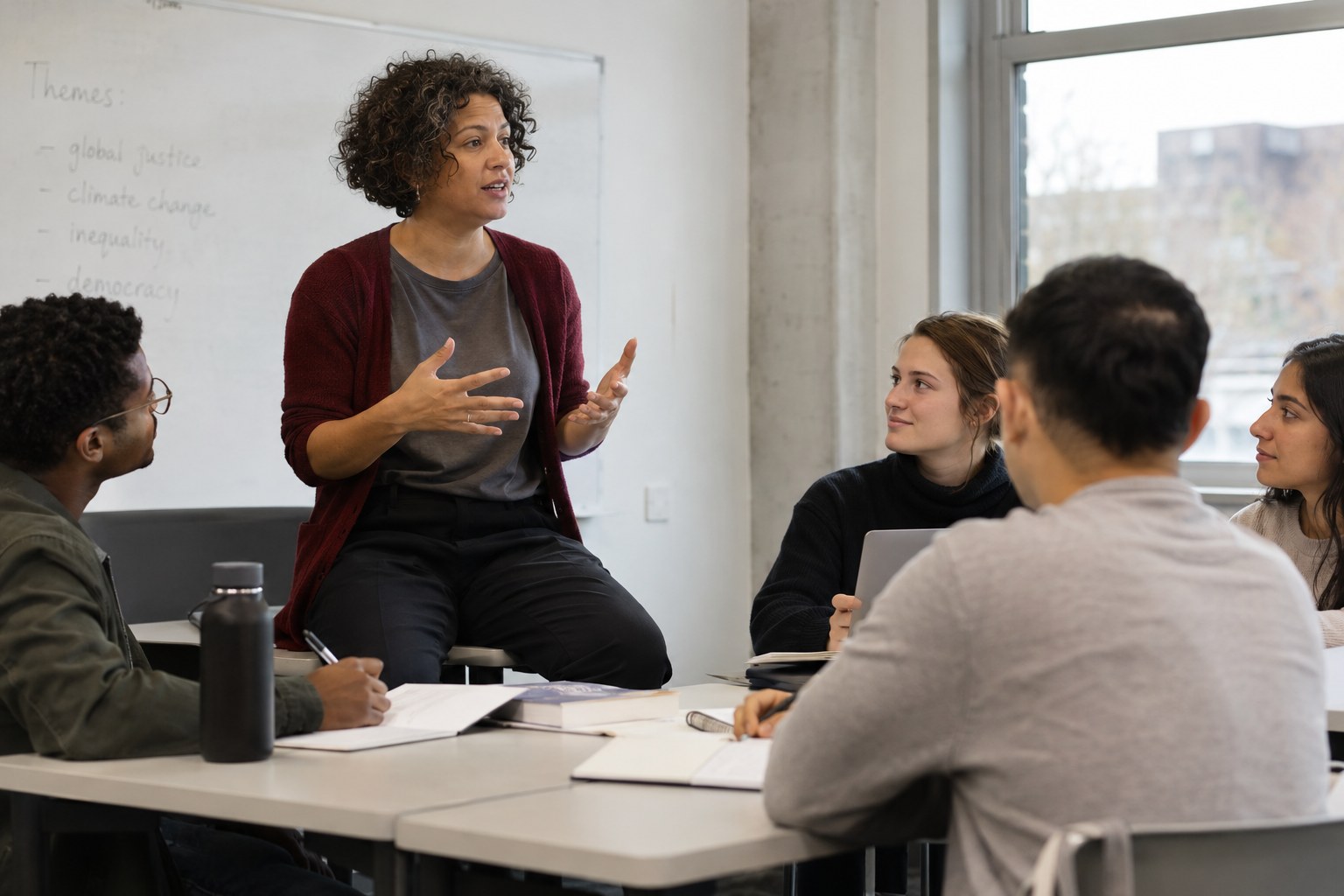 Eine Dozentin diskutiert mit Studierenden in einem Seminarraum.