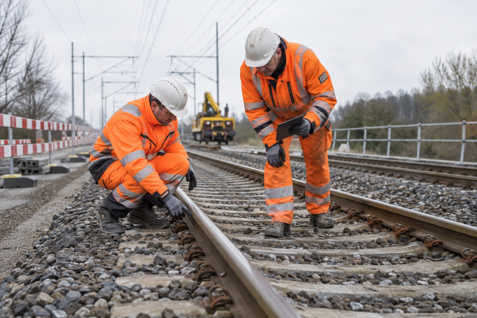 Bahnbeschäftigte kontrollieren Gleise in einem gesicherten Arbeitsbereich.