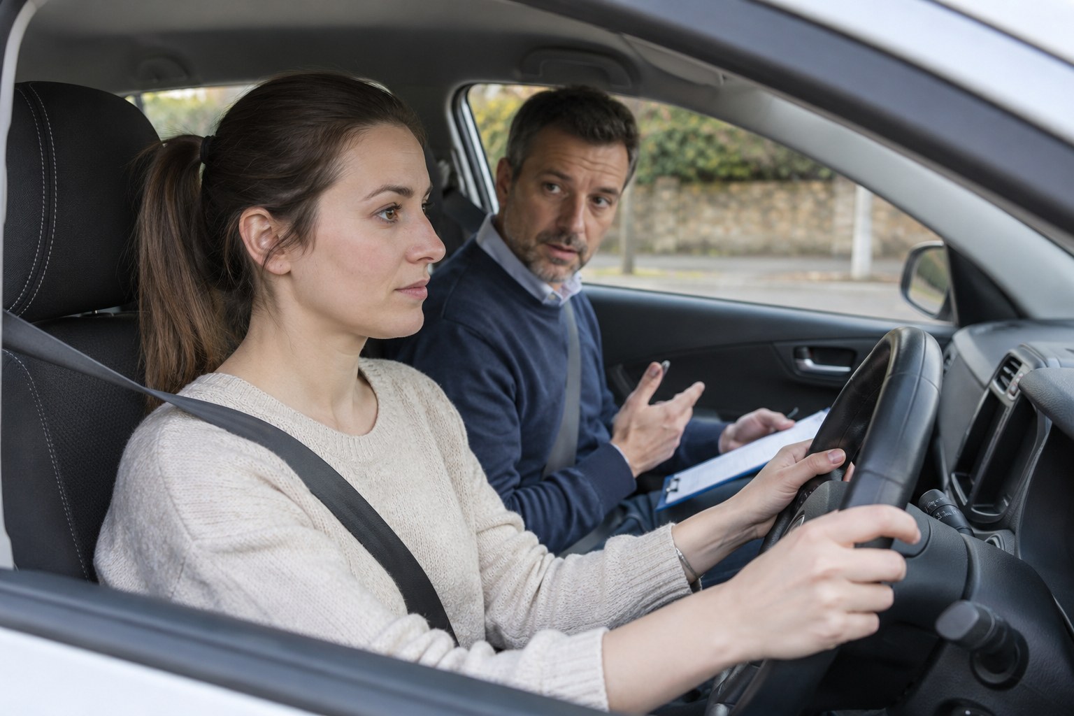 Fahrschülerin und Fahrlehrer sitzen in einem abgestellten Auto.