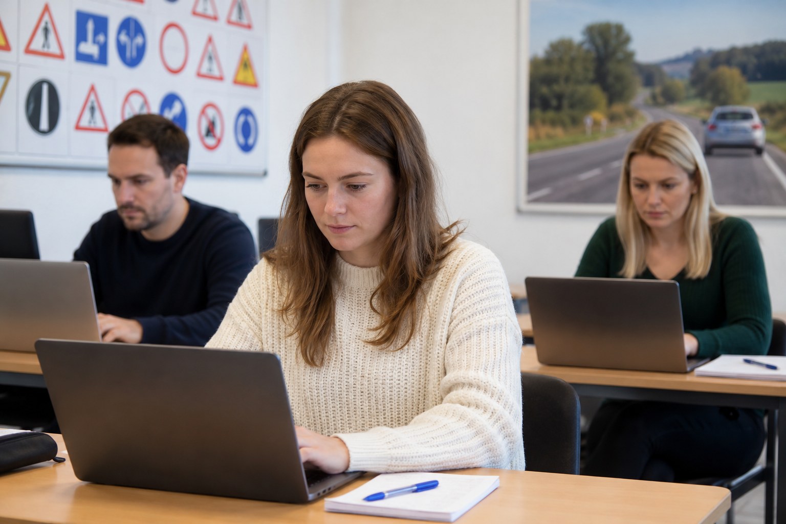 Erwachsene lernen am Laptop in einer Fahrschule.
