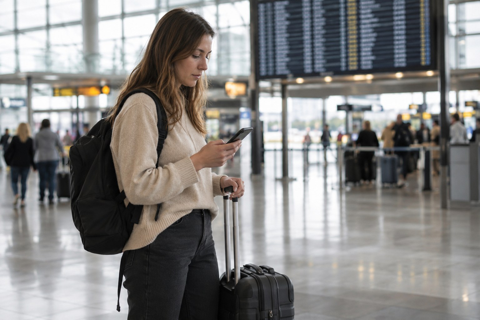 Eine Reisende prüft ihre Verbindung am Smartphone.