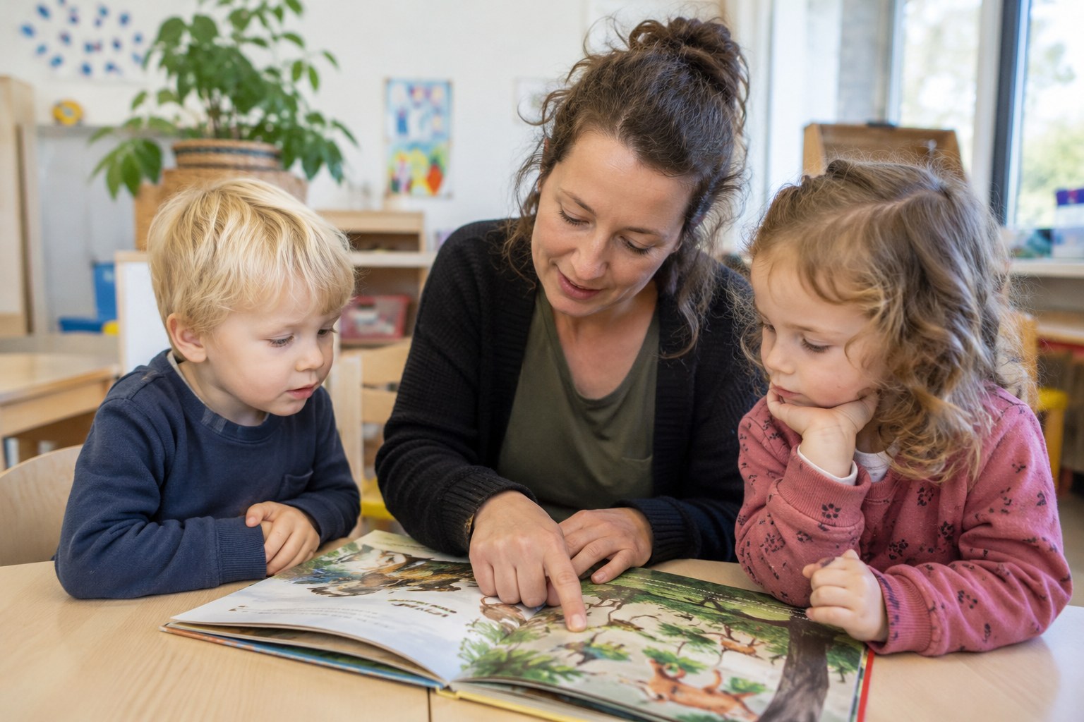 Eine Erzieherin liest mit Kindern ein Bilderbuch.