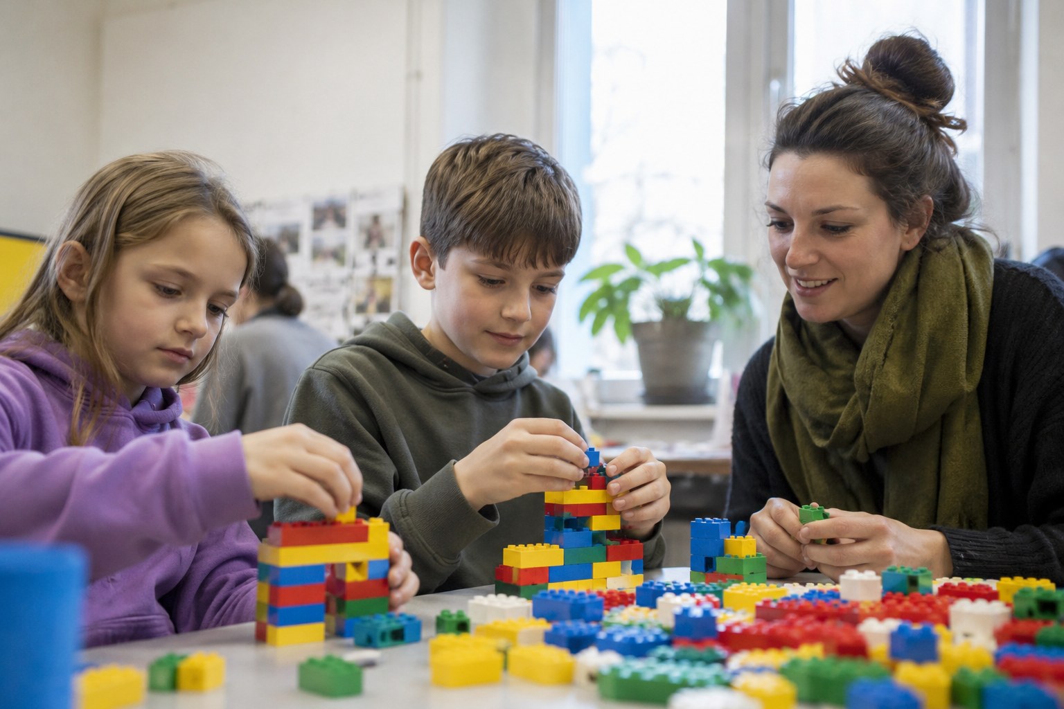 Kinder bauen gemeinsam mit bunten Spielsteinen.