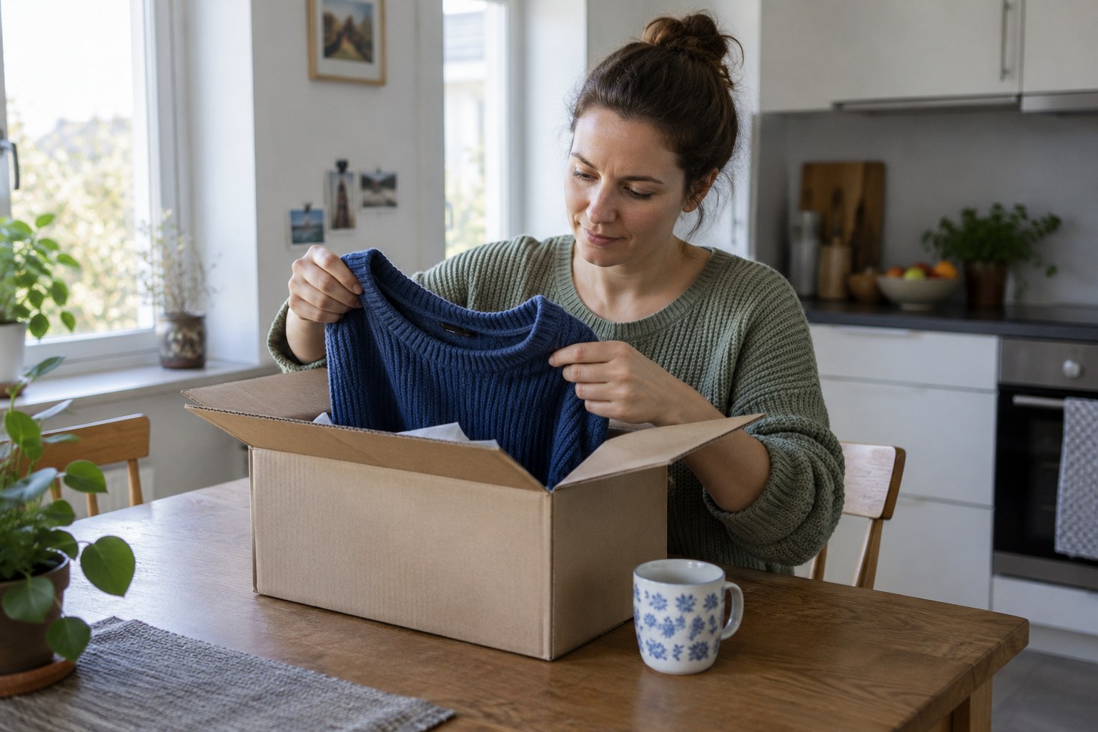 Eine Kundin öffnet ein Paket mit Kleidung.