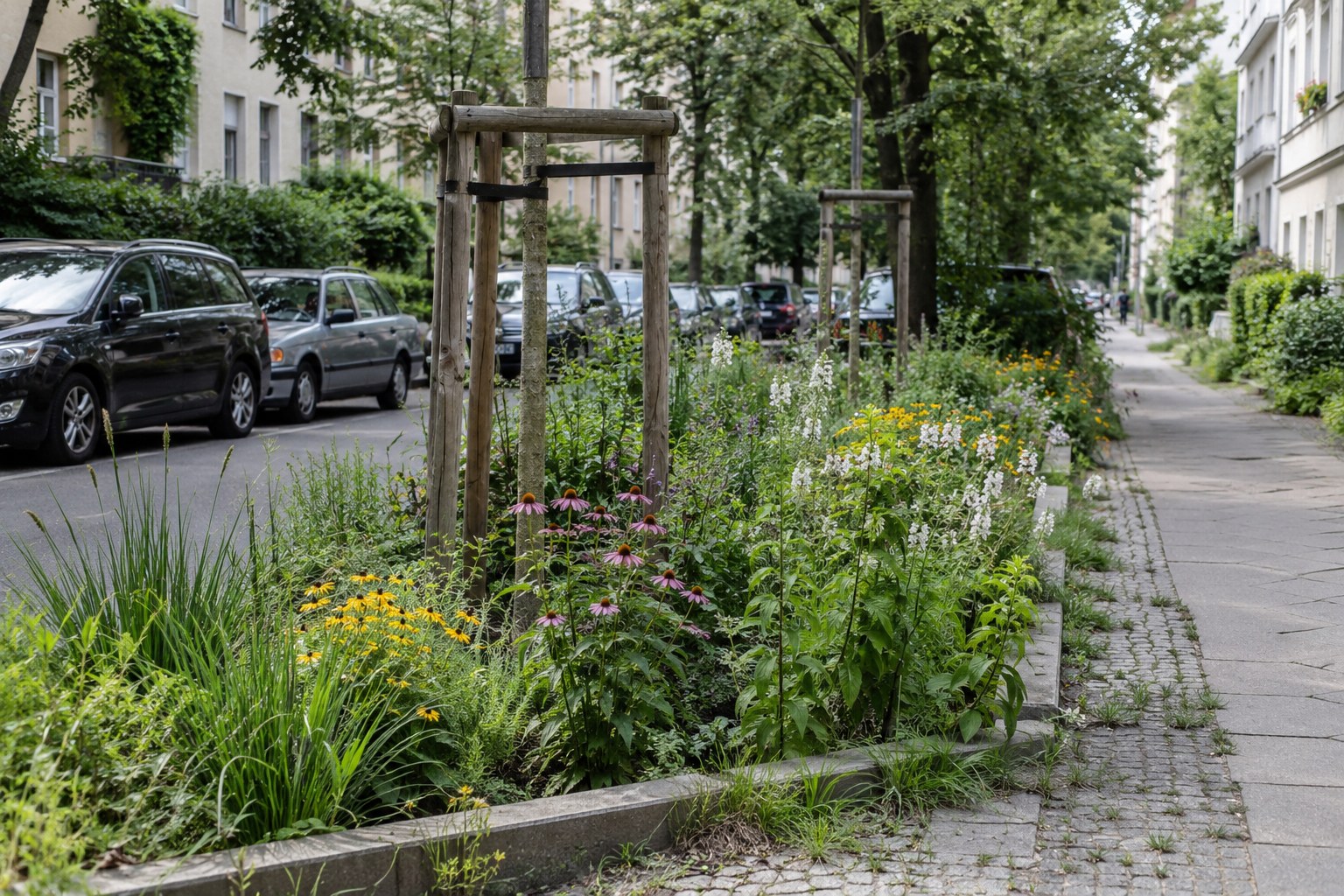 Ein bepflanztes Beet liegt am Rand einer Wohnstraße.