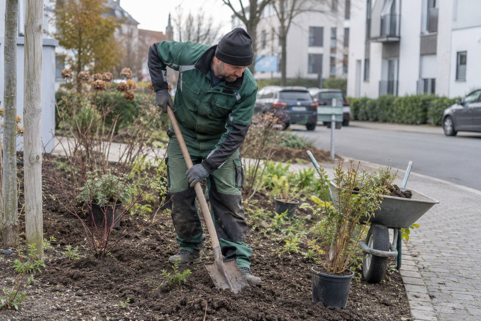 Ein Gärtner bereitet Erde für eine neue Pflanzfläche vor.