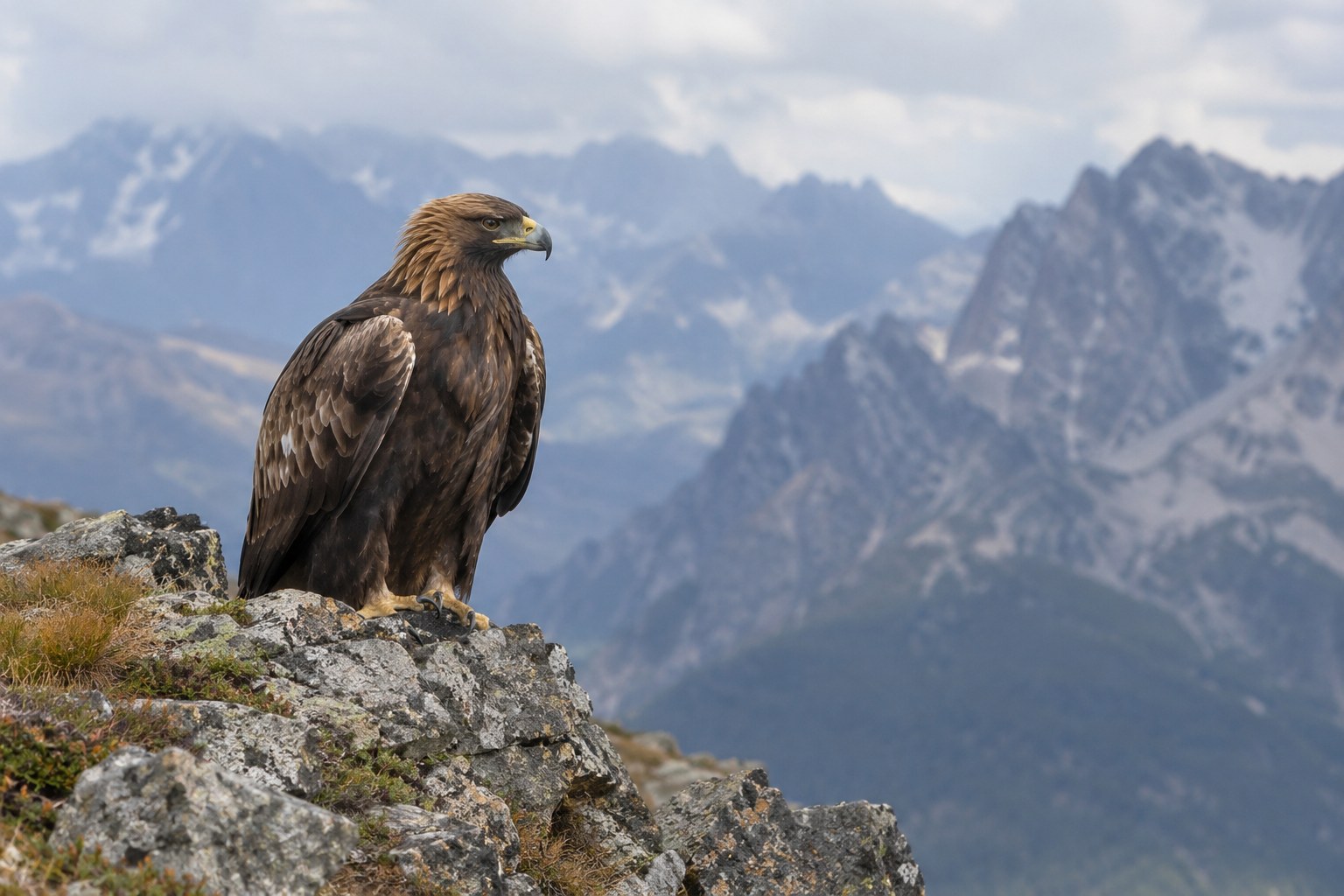 Ein Steinadler sitzt auf einem Felsen im Gebirge.