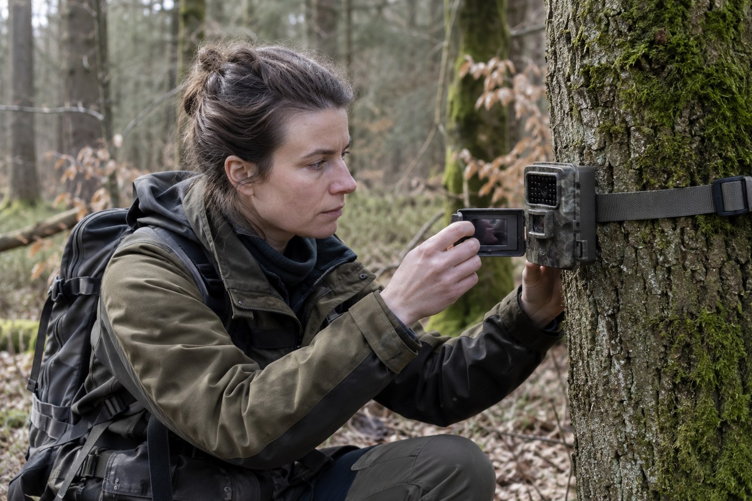 Eine Wildtierforscherin kontrolliert eine Kamera an einem Baum.