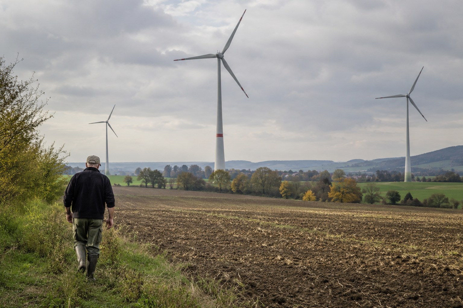 Windräder stehen auf landwirtschaftlich genutzten Flächen.