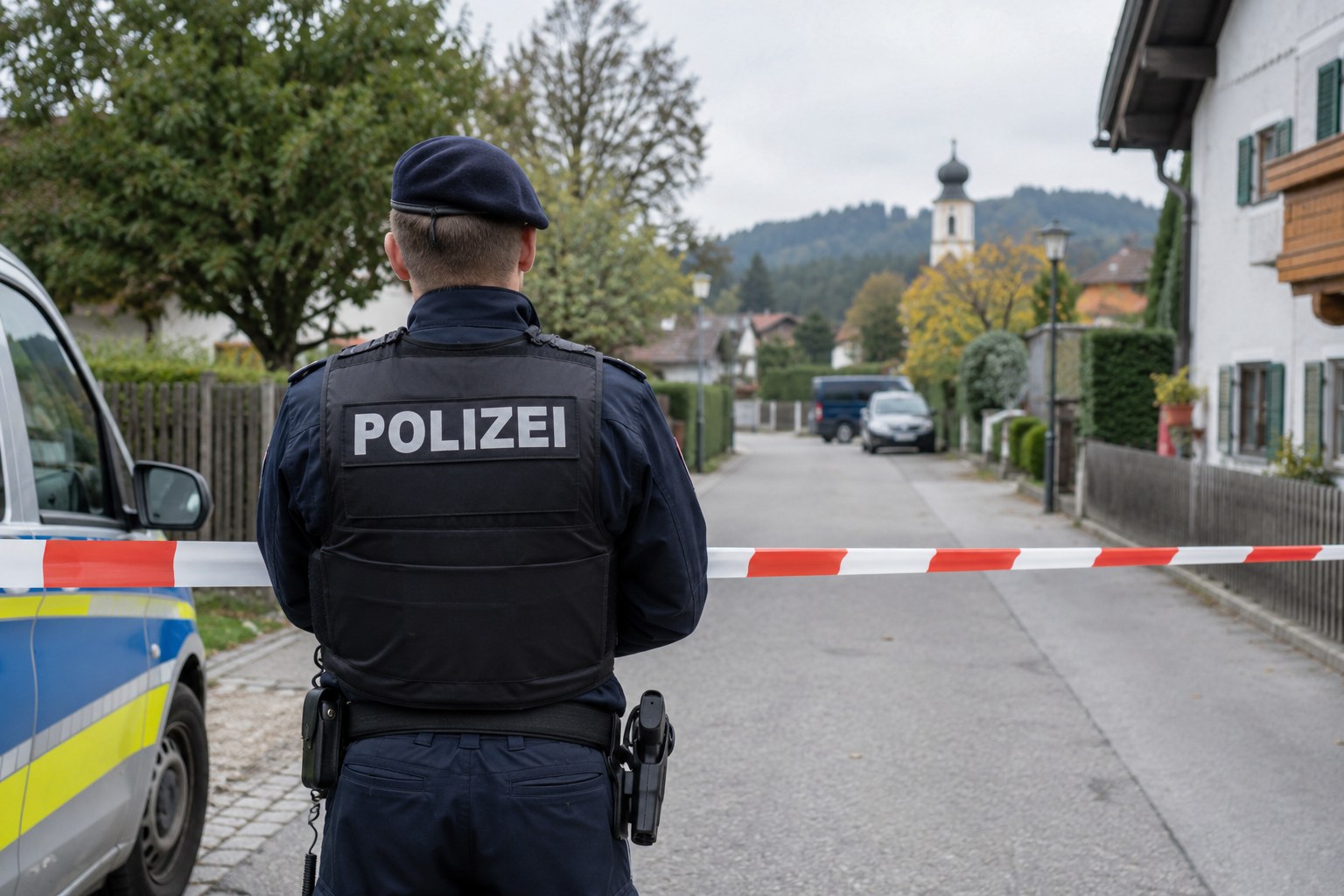Ein Polizist steht an einer Absperrung in einer ruhigen Ortschaft.