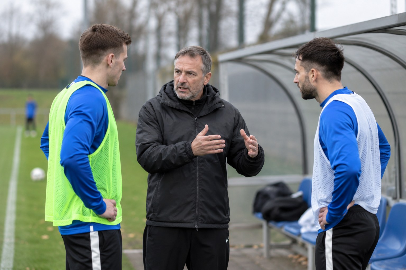 Ein Trainer bespricht Übungen mit zwei Spielern.