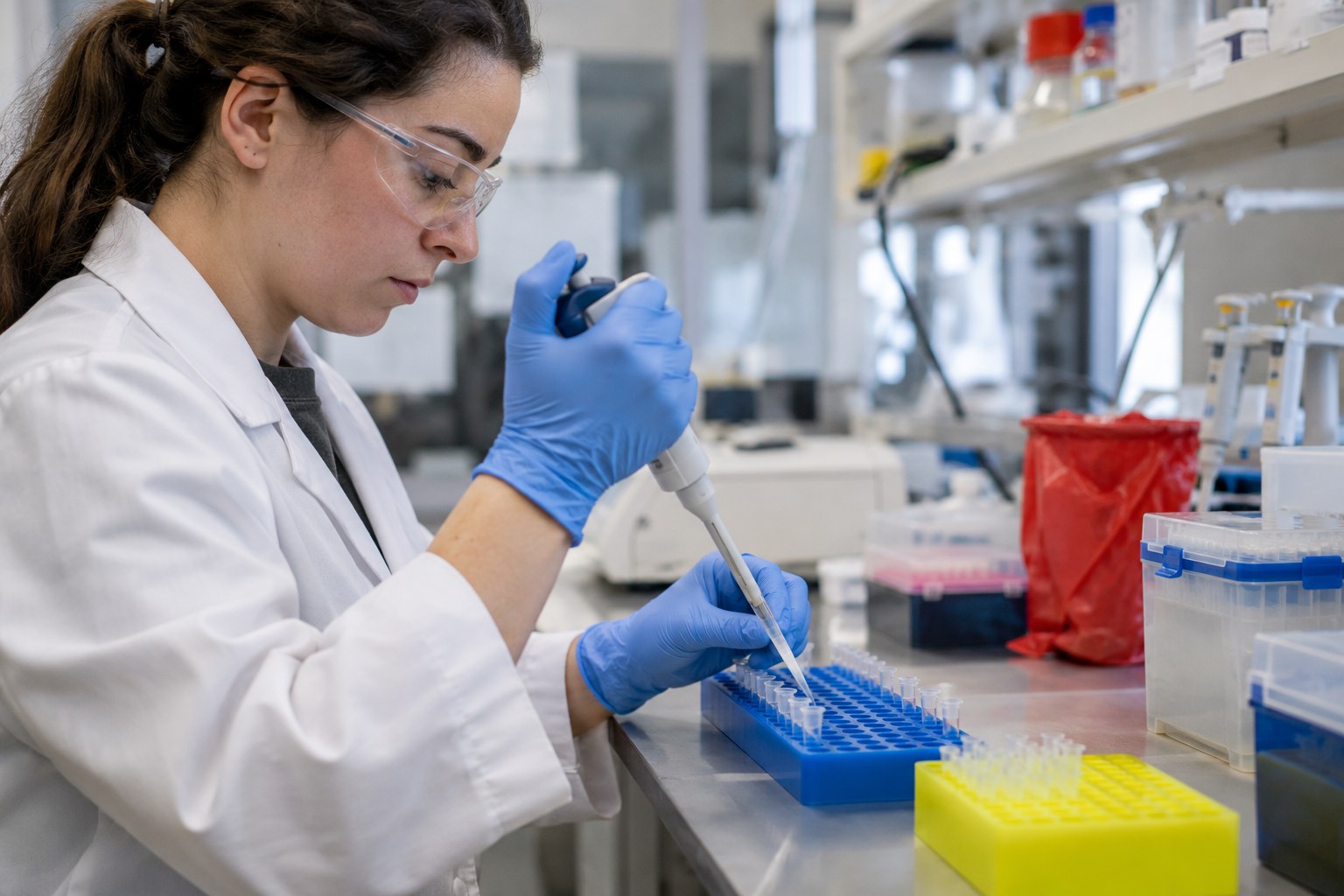 Eine Laborfachkraft arbeitet mit Pipette und Probenröhrchen.