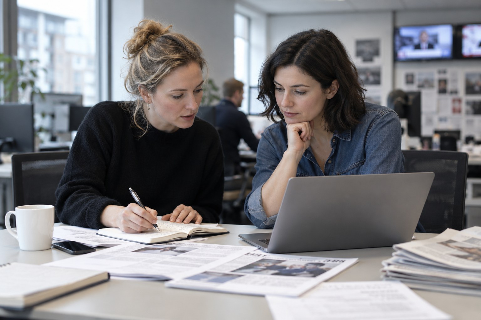 Zwei Menschen bereiten an einem Schreibtisch Unterlagen für die Pressearbeit vor.