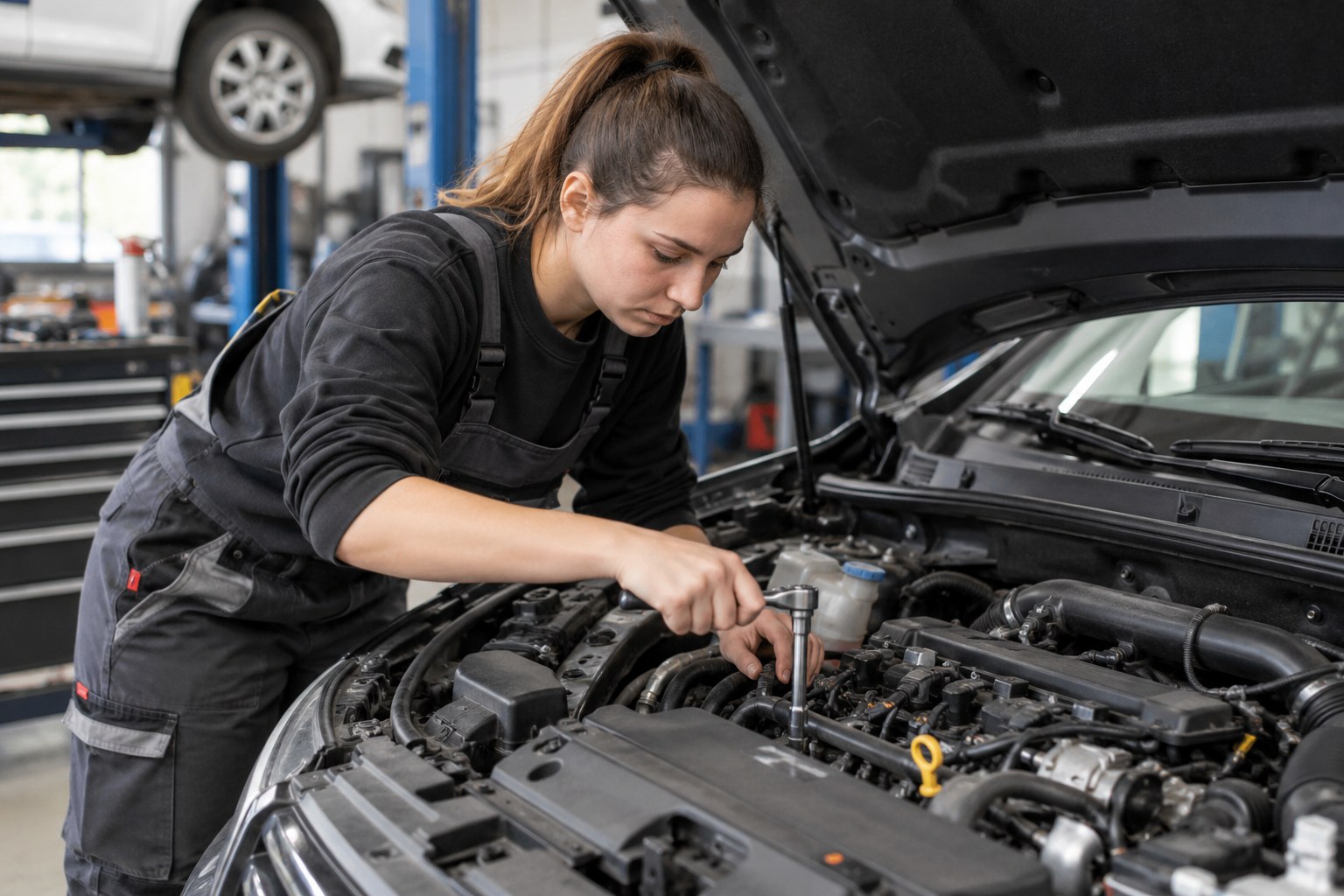 Eine Fachkraft kontrolliert einen Fahrzeugmotor in einer Werkstatt.