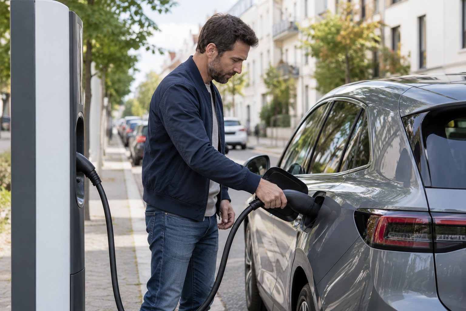 Ein Autofahrer schließt ein Elektroauto an eine Ladesäule an.