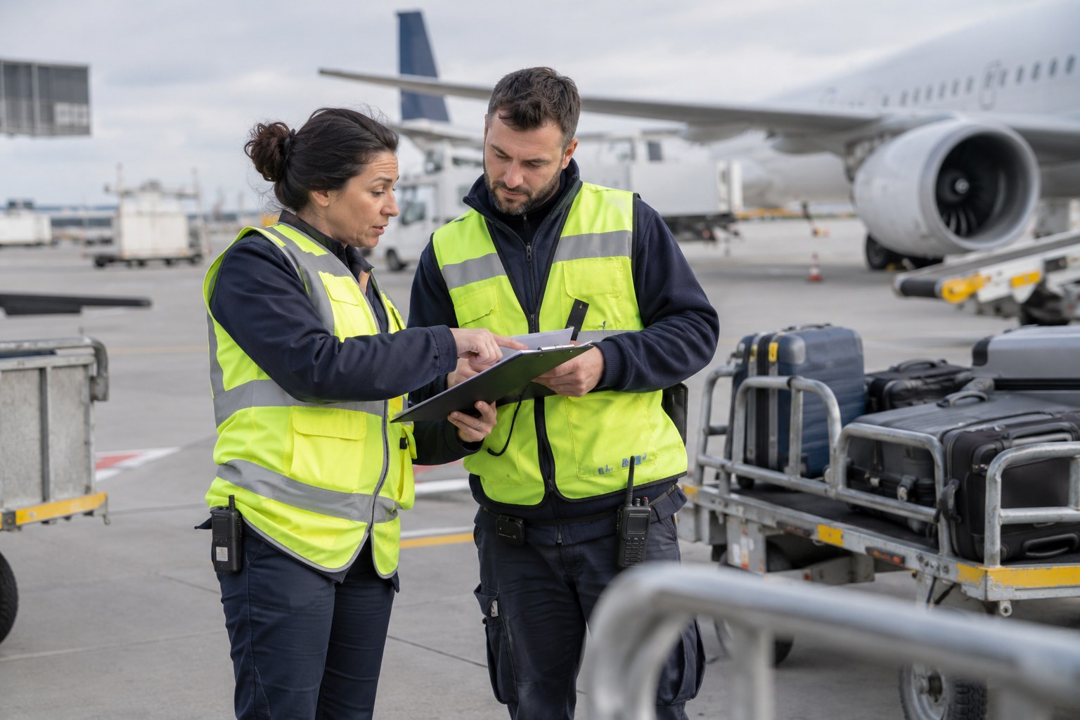 Zwei Beschäftigte besprechen Unterlagen neben einem Passagierflugzeug.