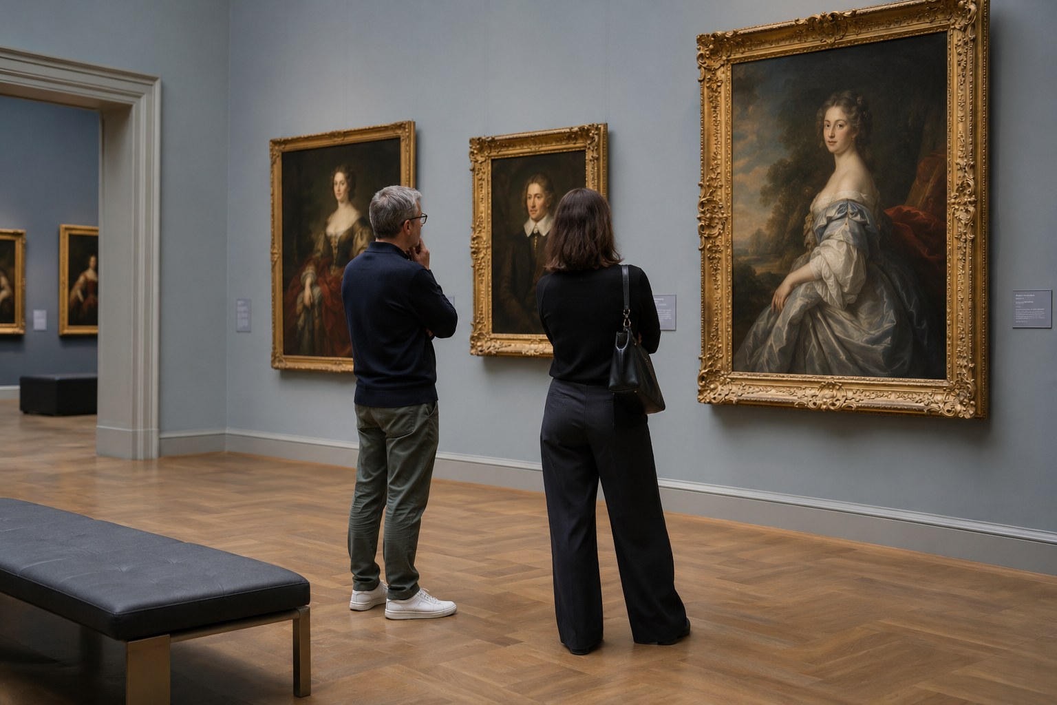 Zwei Besucher betrachten historische Porträts in einem Galerieraum.