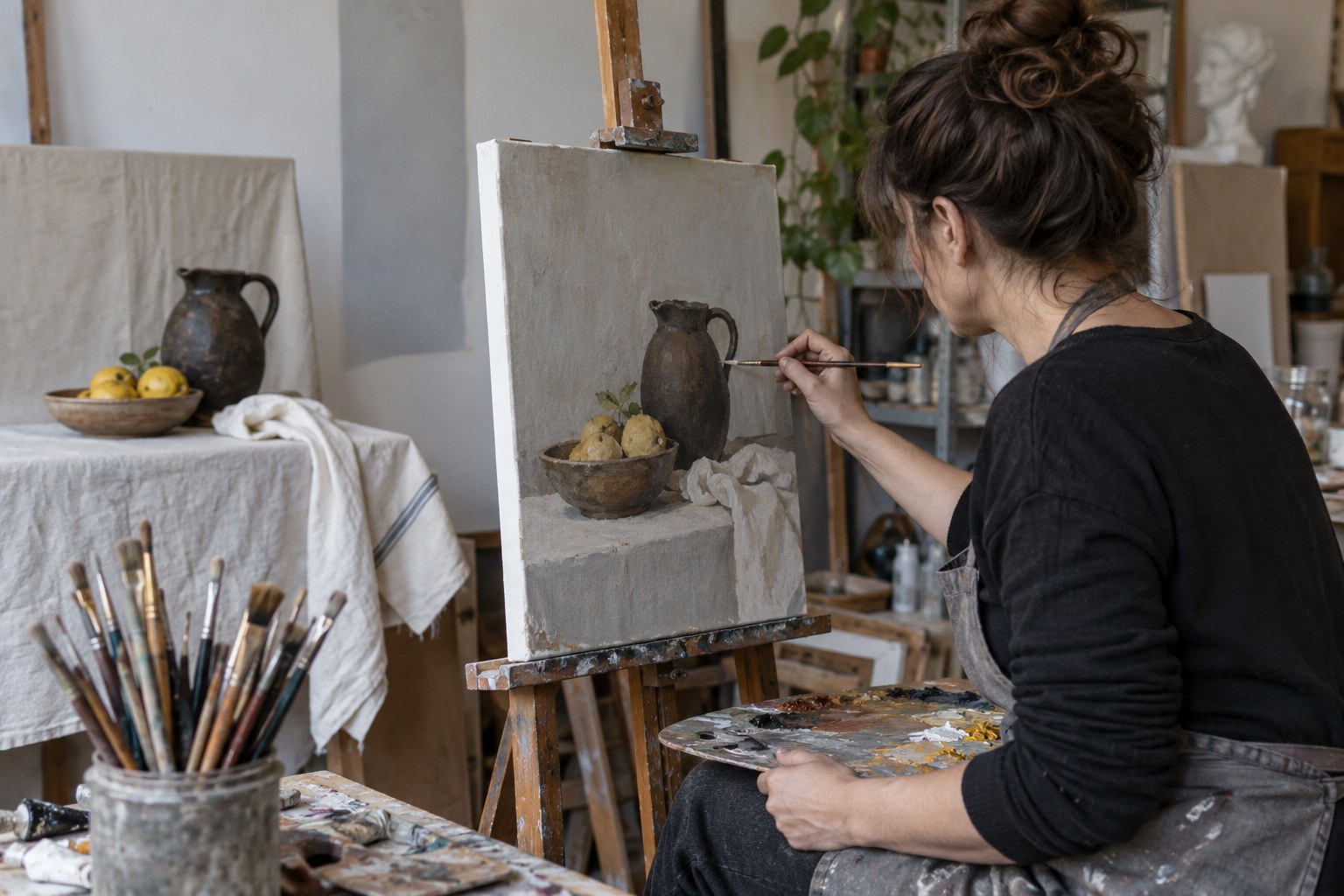 Eine Malerin arbeitet in ihrem Atelier an einem Stillleben.