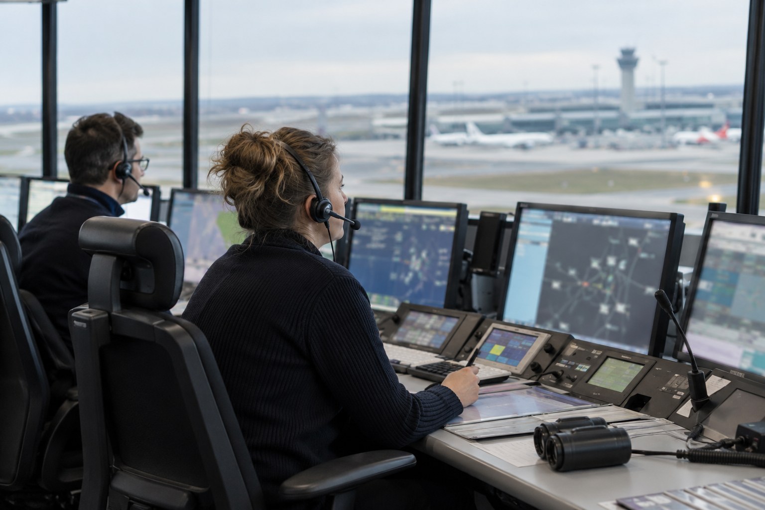 Flugsicherungspersonal arbeitet mit Headsets vor Kontrollbildschirmen.