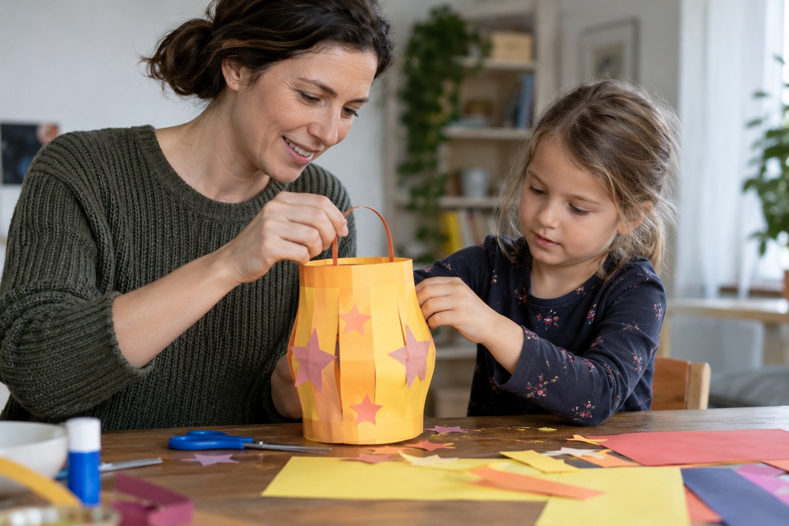 Eine Mutter bastelt mit ihrem Kind eine Papierlaterne.