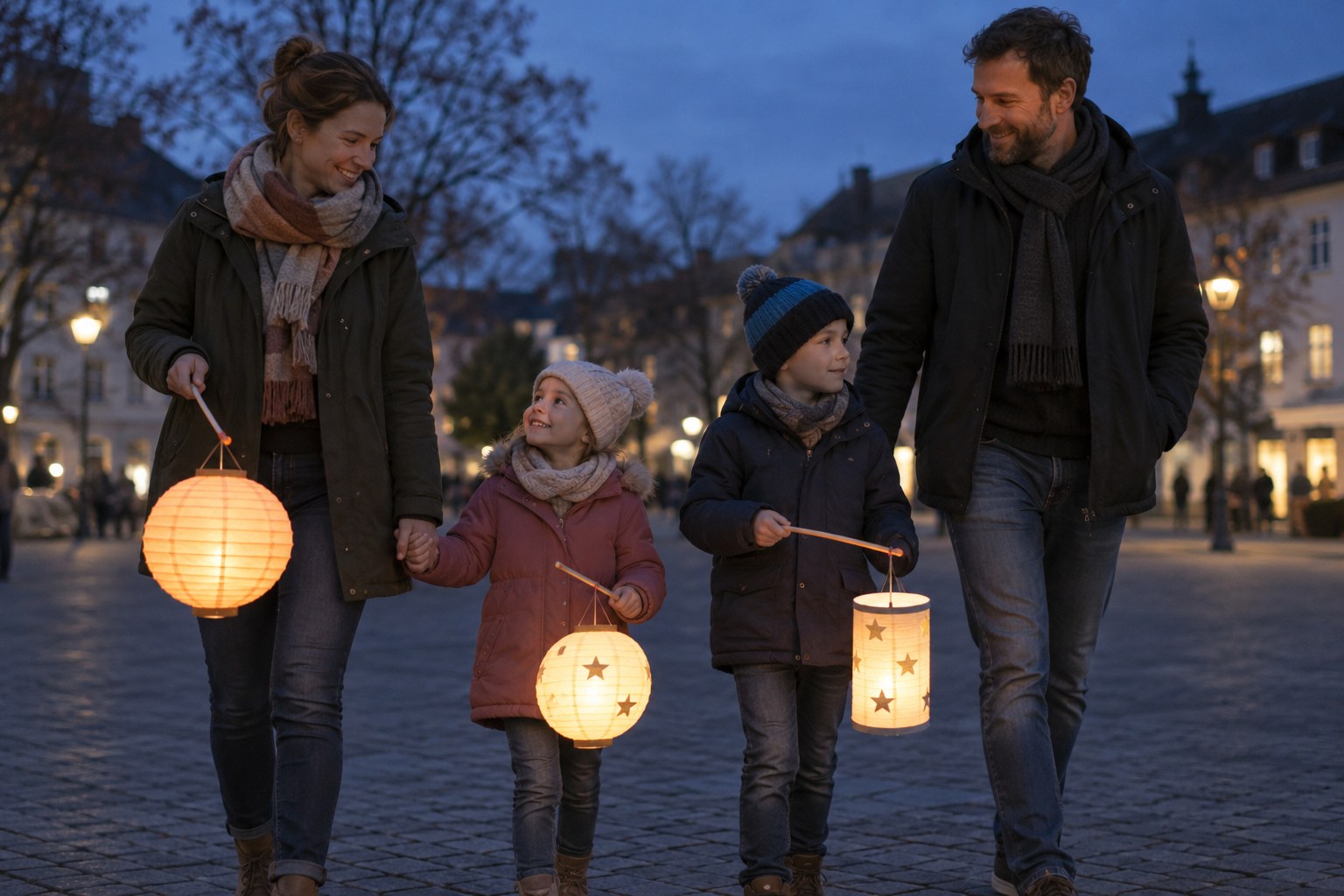 Eine Familie geht mit Laternen über einen Weg in der Abenddämmerung.