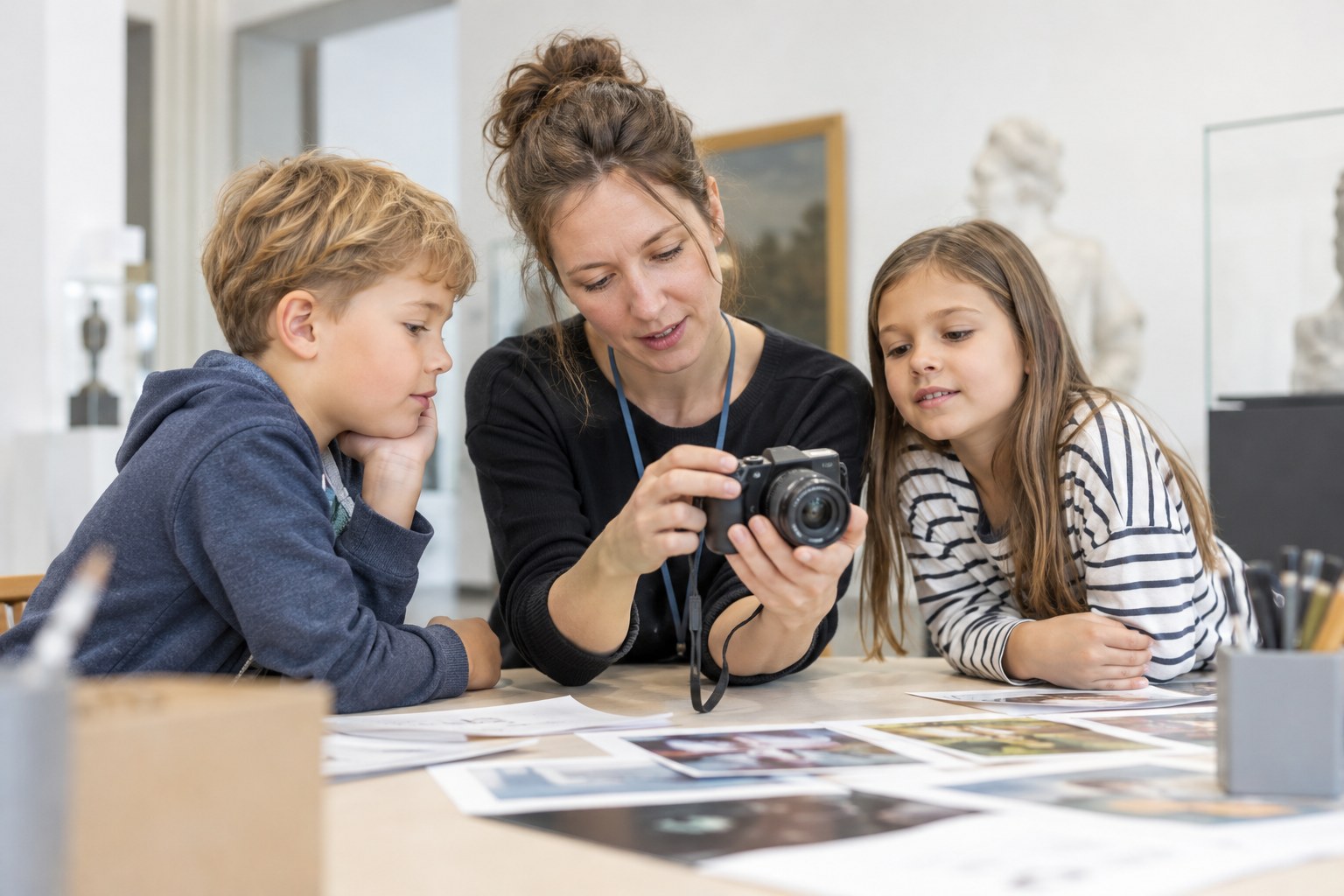 Eine Vermittlerin erklärt zwei Kindern eine Fotokamera an einem Arbeitstisch.