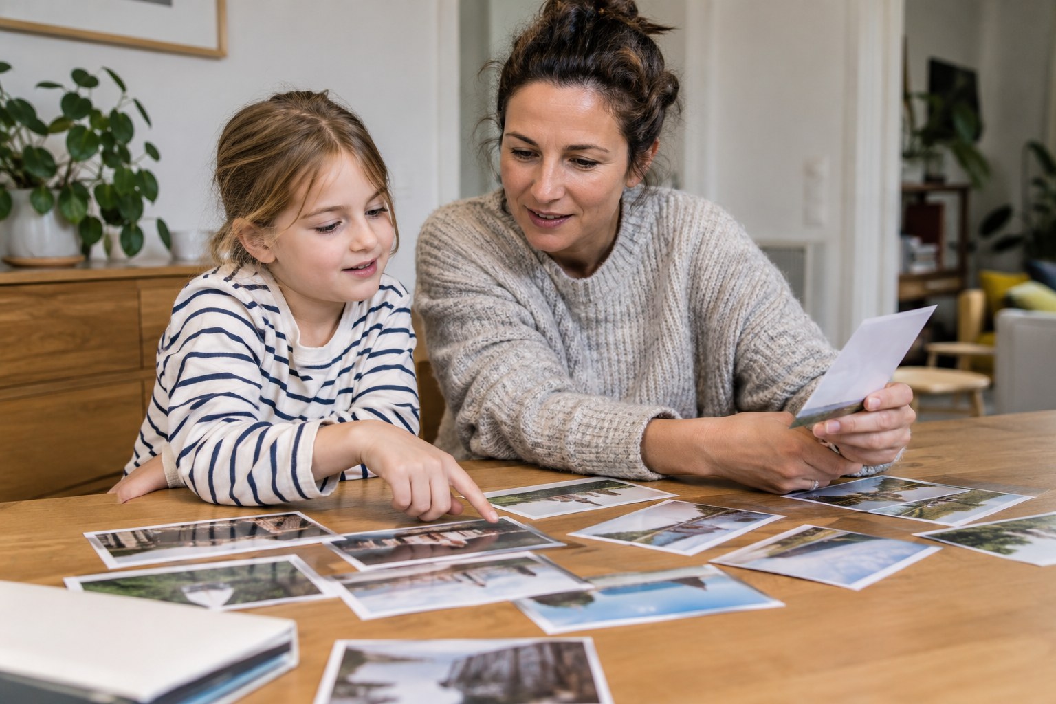 Eine Mutter betrachtet mit ihrem Kind ausgedruckte Fotografien.