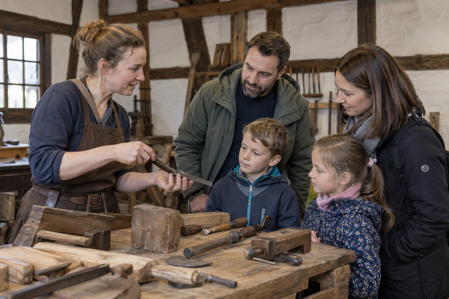 Eine Handwerkerin zeigt einer Familie Werkzeuge an einer historischen Werkbank.