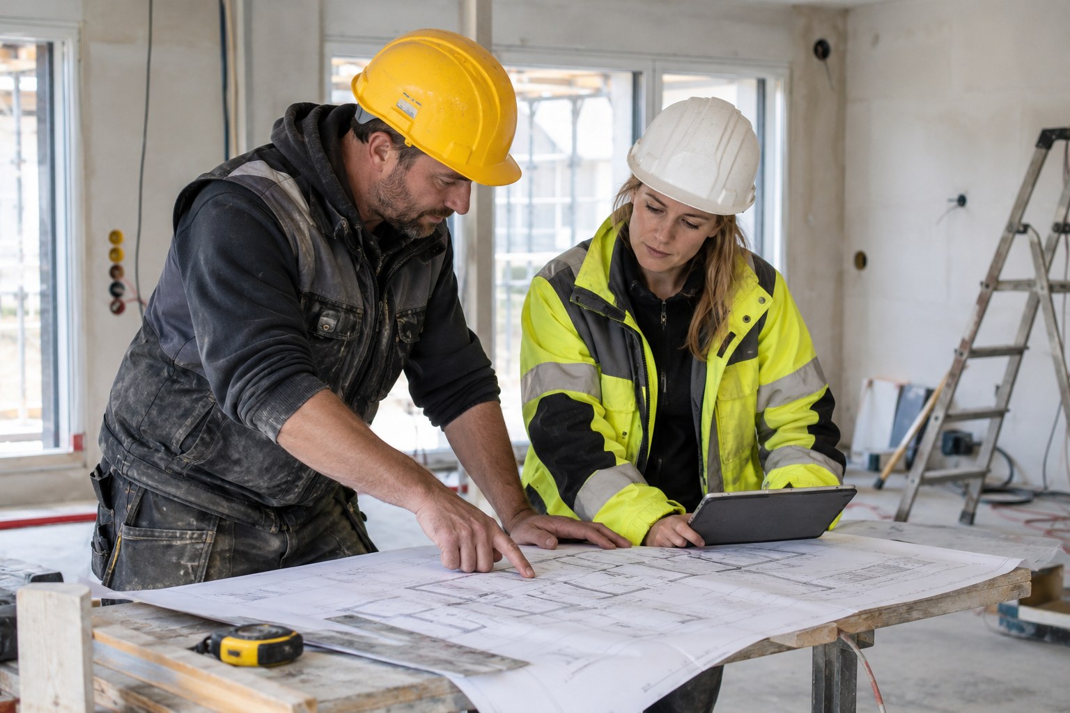 Zwei Baufachleute besprechen Pläne auf einer Baustelle.