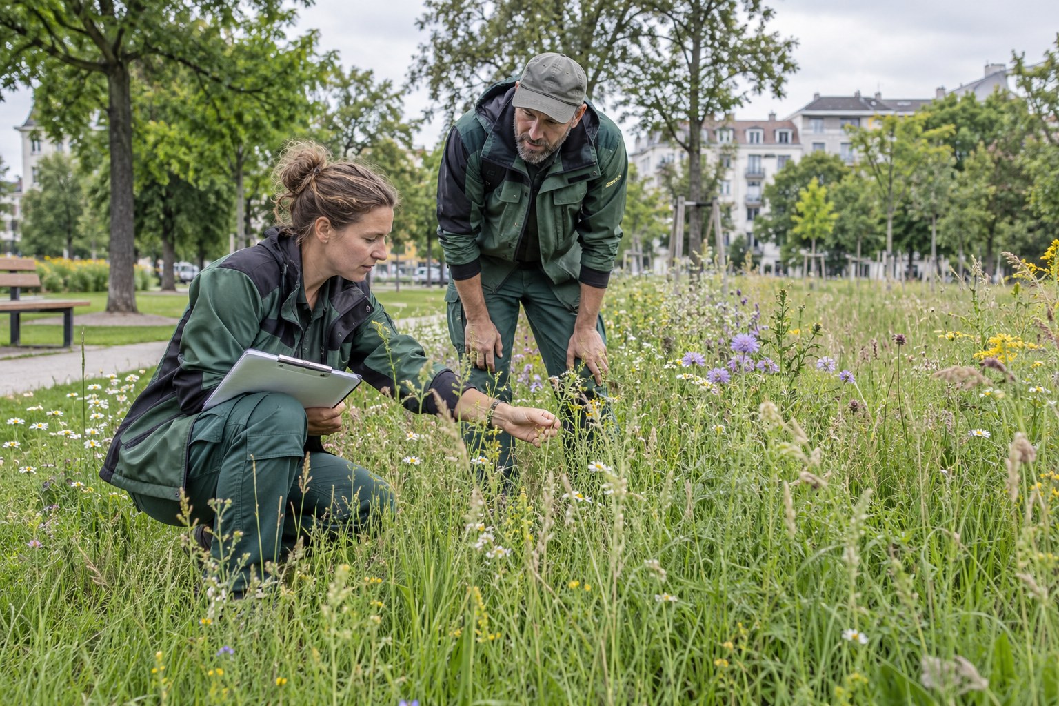 Zwei Menschen kontrollieren eine naturnahe Wiesenfläche in einem Stadtpark.