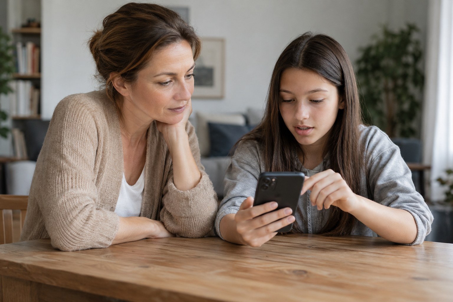 Eine Mutter bespricht mit ihrem jugendlichen Kind Inhalte auf einem Smartphone.