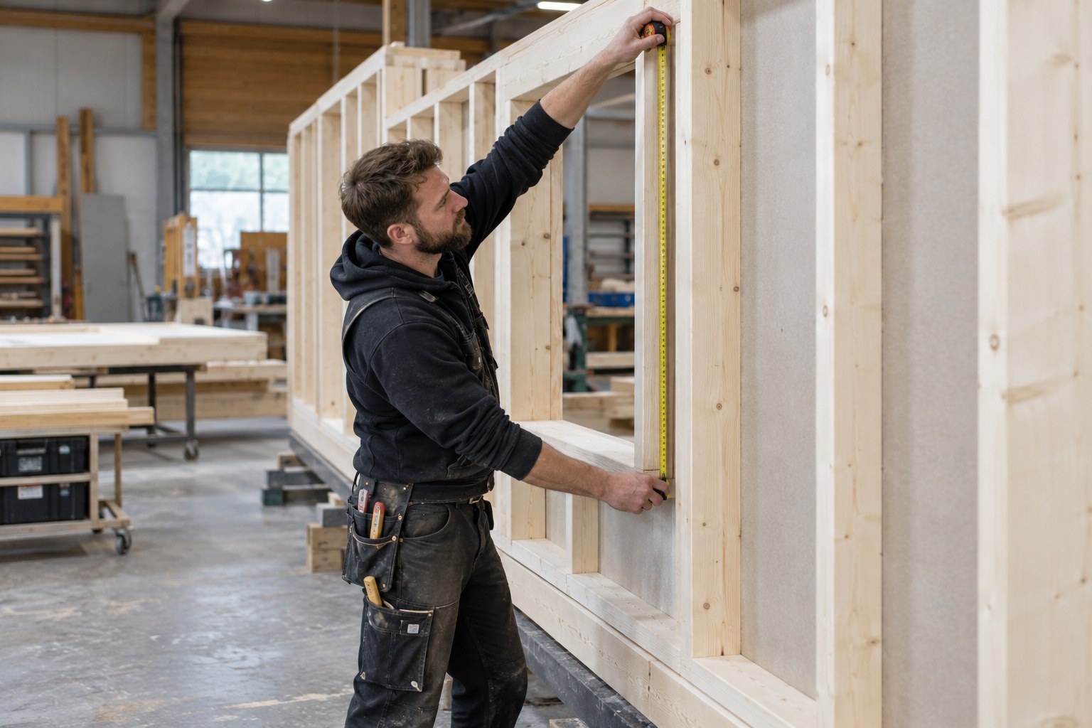 Ein Handwerker misst ein Holzbauelement mit einem Maßband aus.