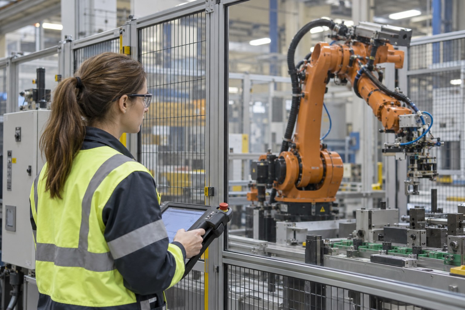 Eine Mitarbeiterin kontrolliert eine abgeschirmte Roboteranlage in einer Fabrik.
