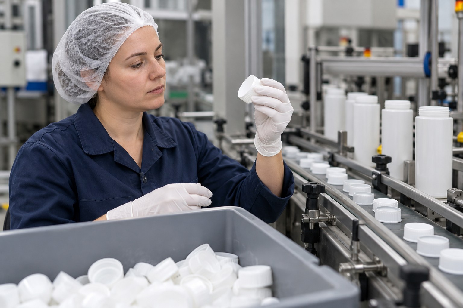 Eine Mitarbeiterin prüft Verpackungen an einer Produktionslinie.