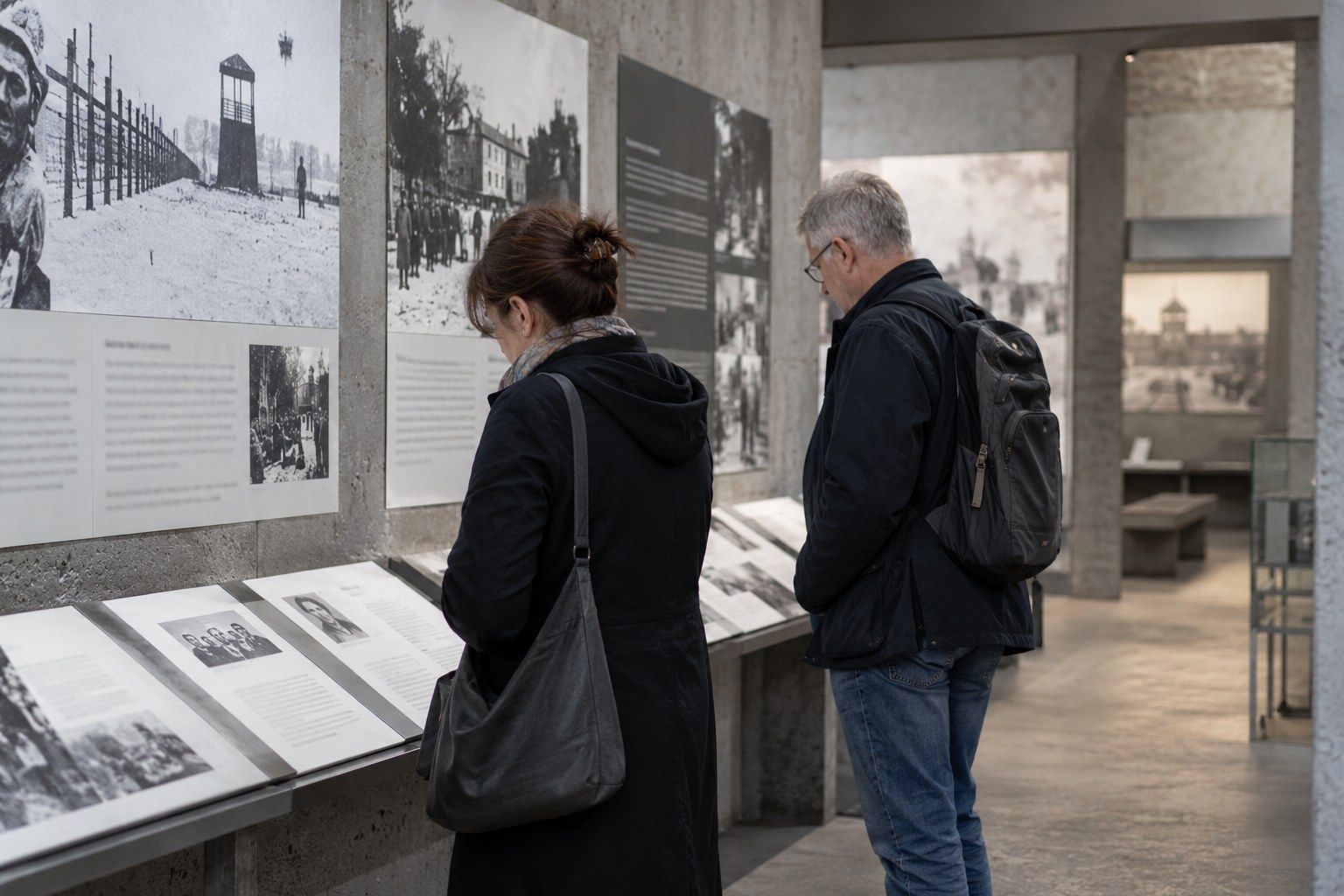 Zwei Besucher betrachten historische Ausstellungstafeln in einem Museum.