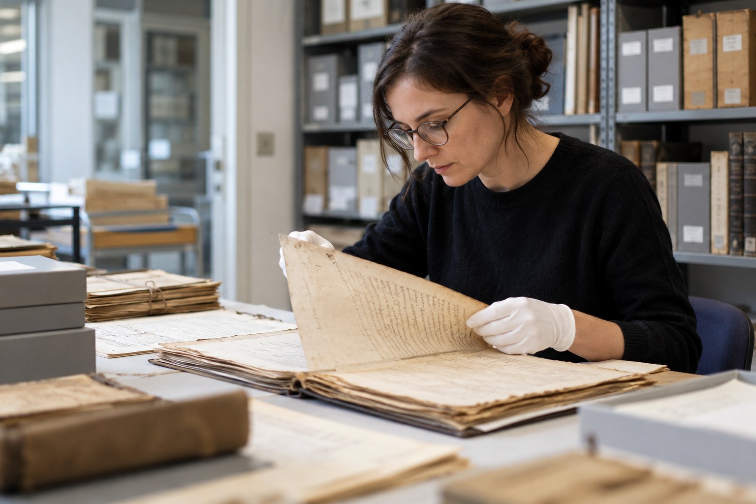 Eine Archivmitarbeiterin prüft historische Unterlagen mit Handschuhen.