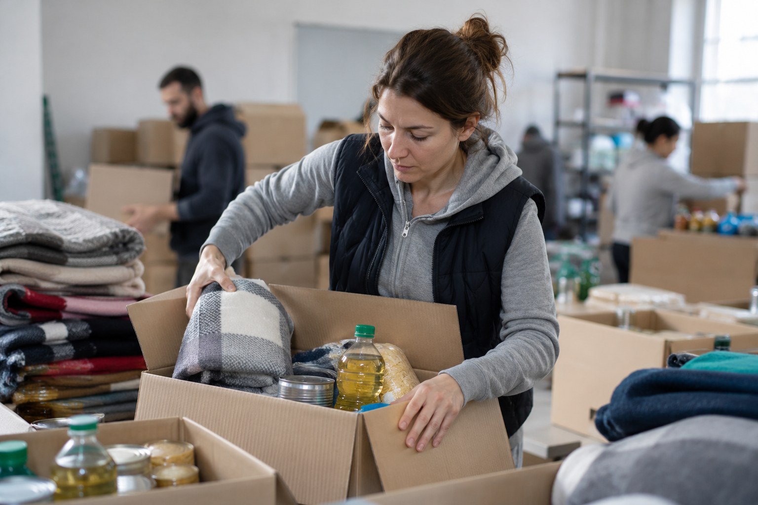 Eine Helferin packt Lebensmittel und Hygieneartikel für Hilfslieferungen.