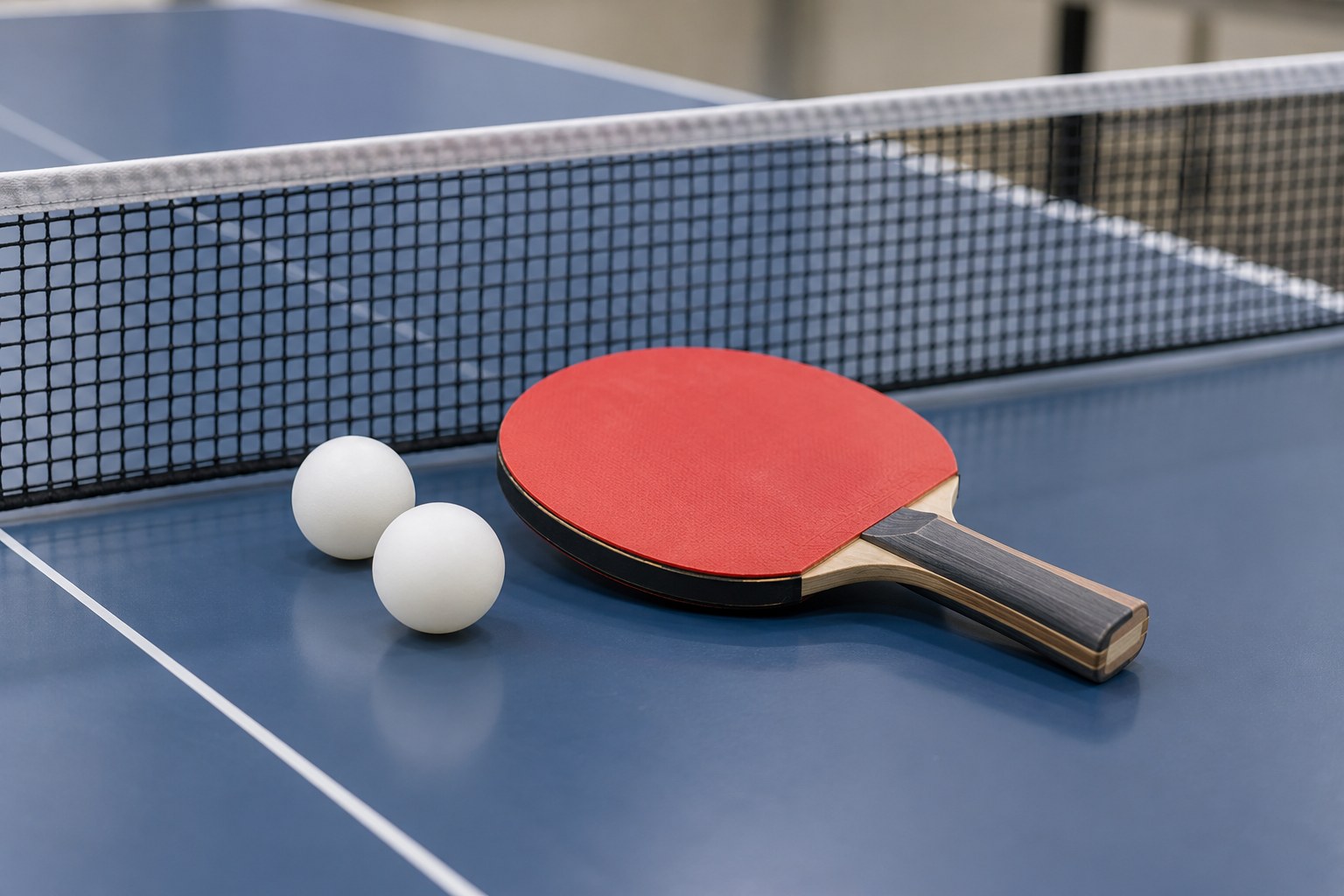 Tischtennisschläger und zwei Bälle liegen neben dem Netz.