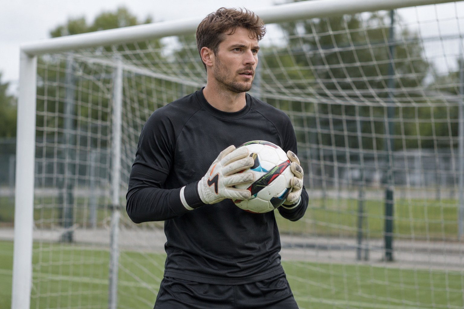 Ein Torwart hält einen Fußball vor einem Trainingsnetz.