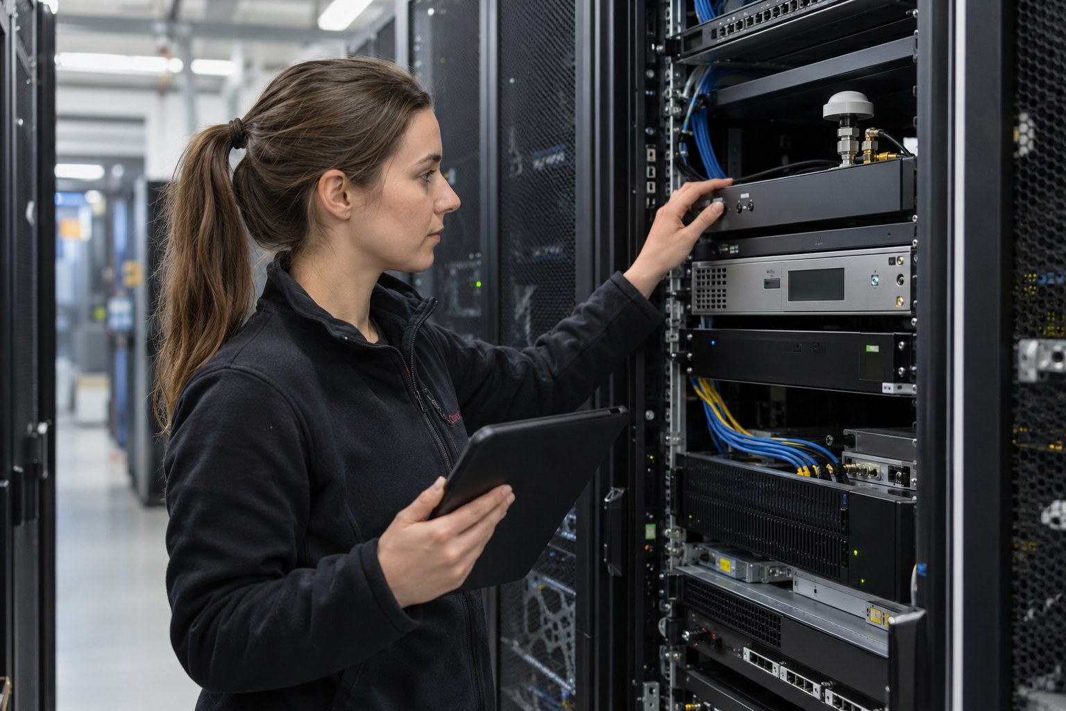 Eine Technikerin arbeitet an einem Serverschrank.
