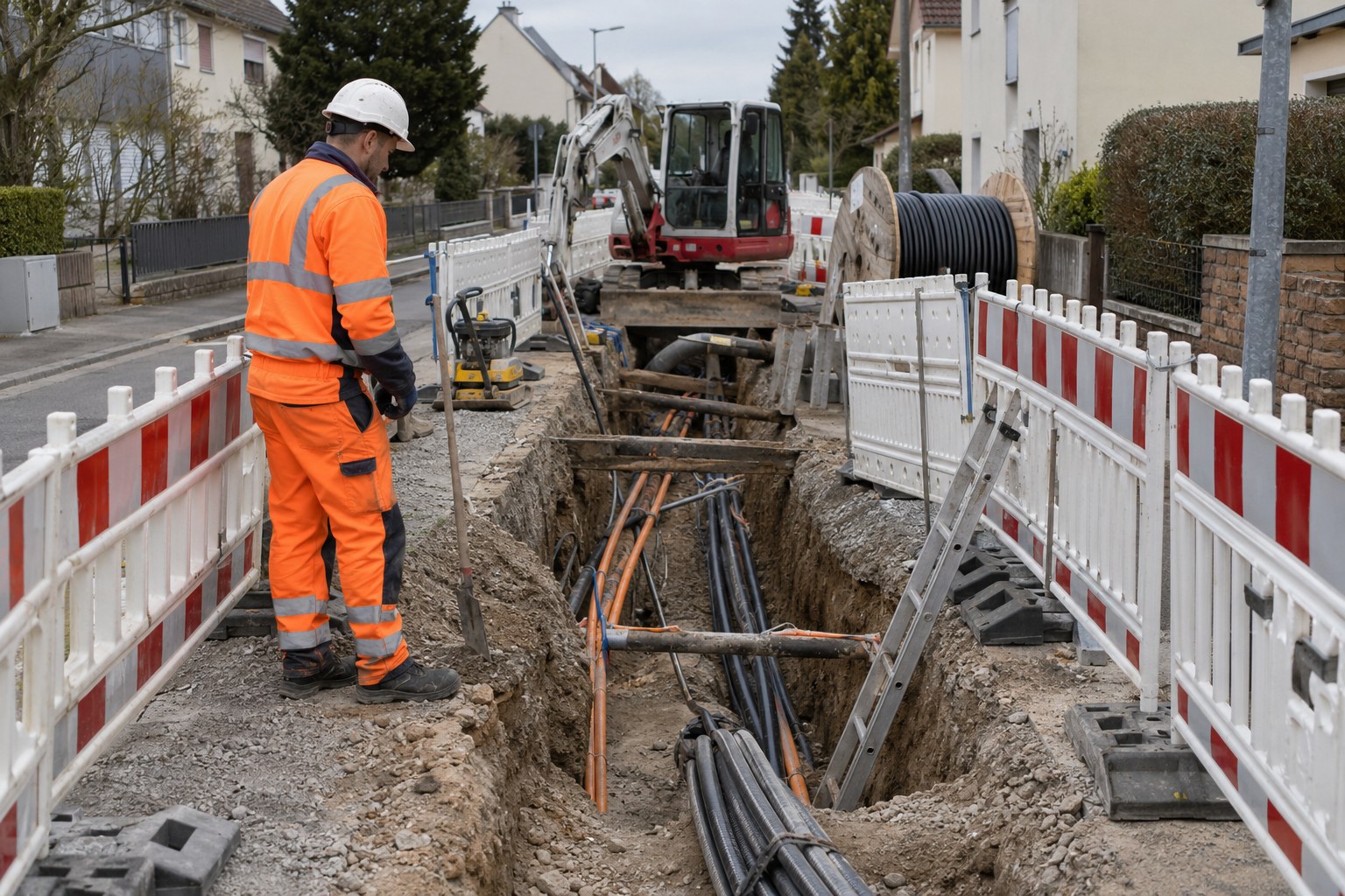 Ein Mitarbeiter arbeitet an einer abgesperrten Leitungsbaustelle.