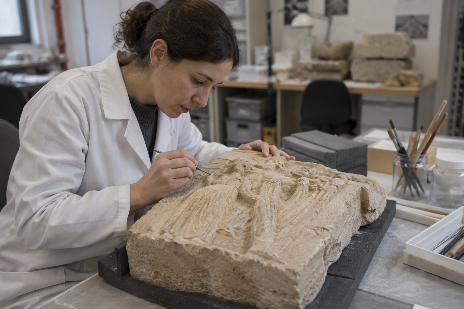Eine Fachkraft untersucht ein Sandsteinrelief im Atelier.