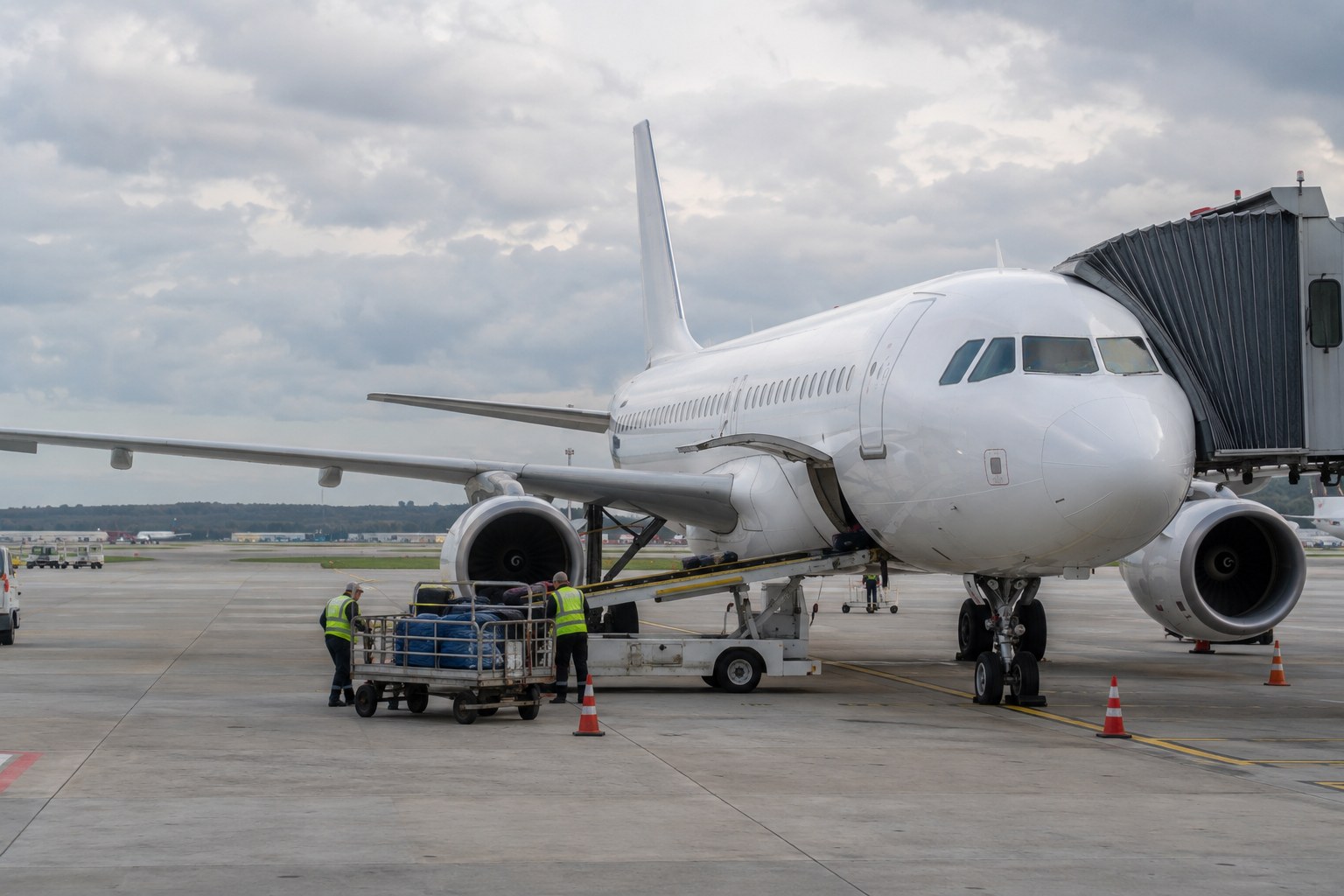 Passagierflugzeug auf dem Vorfeld eines Flughafens.