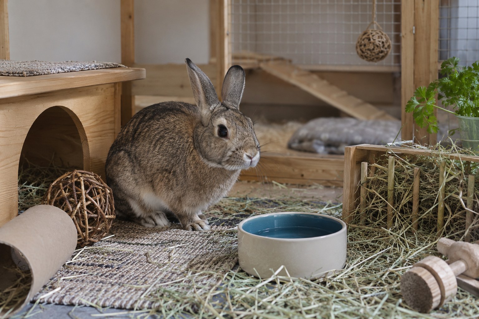 Kaninchen in einem geräumigen Gehege mit Heu.