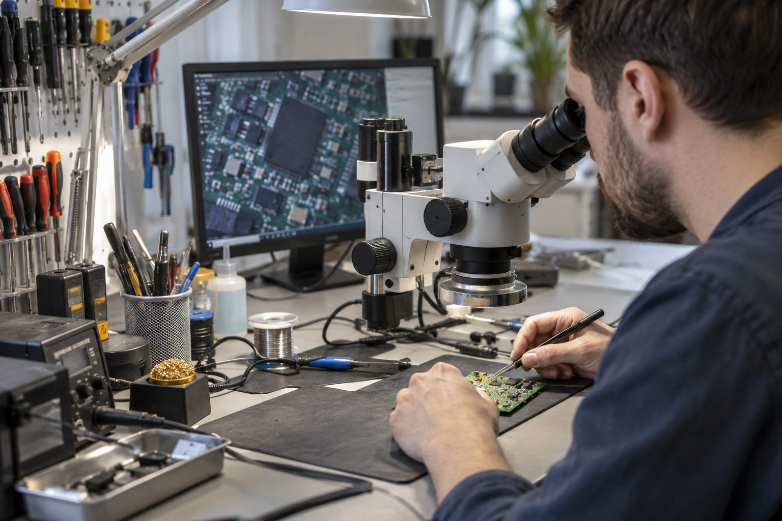 Elektronik-Arbeitsplatz mit Platine und Mikroskop.